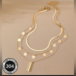 Gold Layered Discs And Bar Necklace -Polished Gold & Stainless Steel